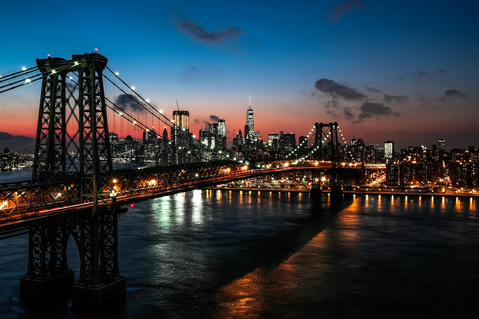 Brooklyn skyline and bridge at dusk