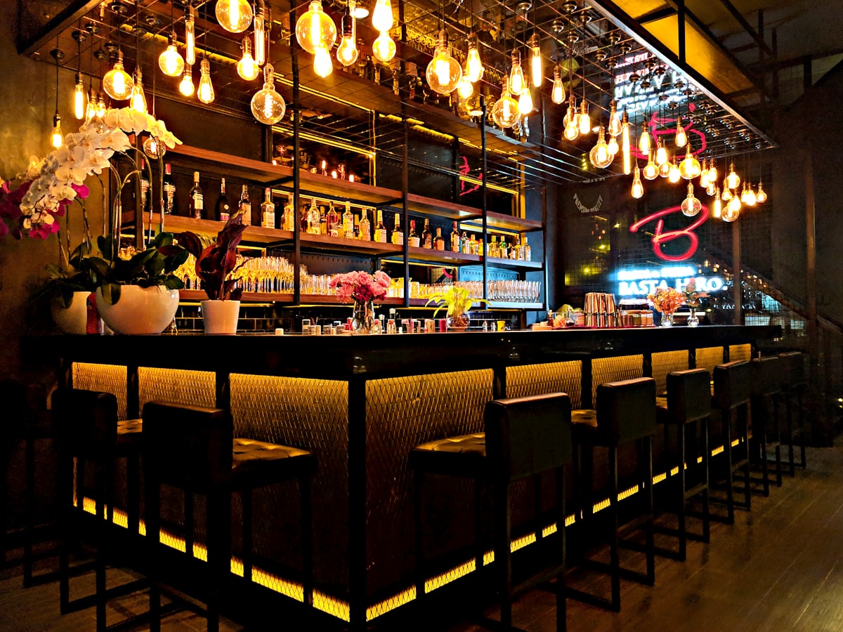 The zinc bar top, lit by pendant lamps