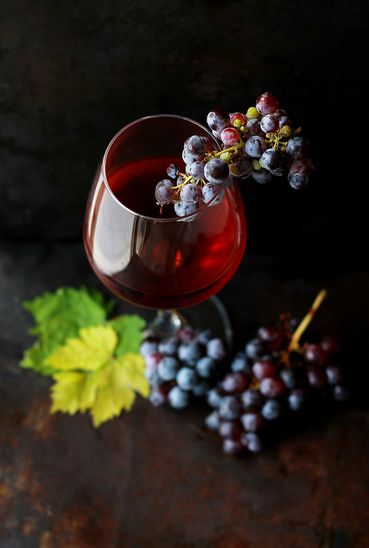 Red wine glass with concord grapes